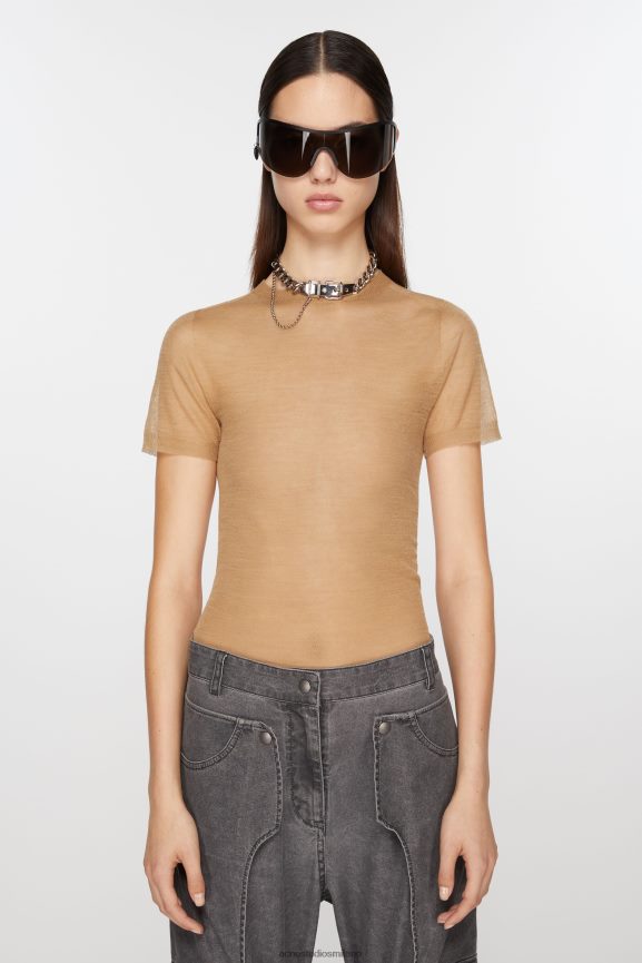 Acne Studios maglietta in maglia trasparente abbigliamento beige cammello 0N8X64